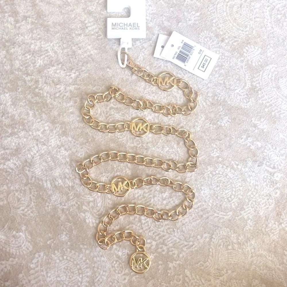 Brand New Michael Kors Gold Tone Logo Metal Chain Belt Adjustable Length